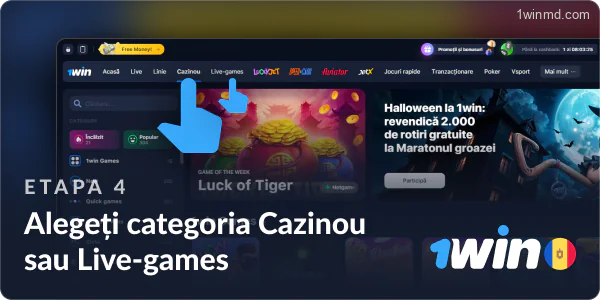 Selectează categoria „Casino” sau „Jocuri live” pe platforma 1win MD