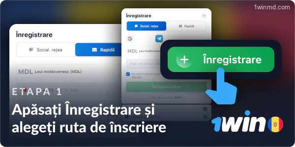 Click pe butonul de înregistrare și selectează metoda preferată de înregistrare 1win.
