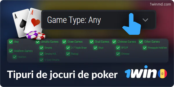 Tipuri de jocuri de poker disponibile la 1win MD Casino