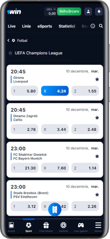 Imagine a paginii de pariuri din aplicația 1win MD.