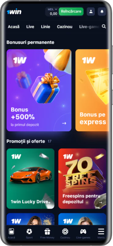 Imagine a paginii de bonusuri din aplicația 1win MD.
