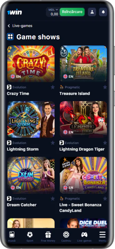 Imagine a paginii de cazinou live din aplicația 1win MD.