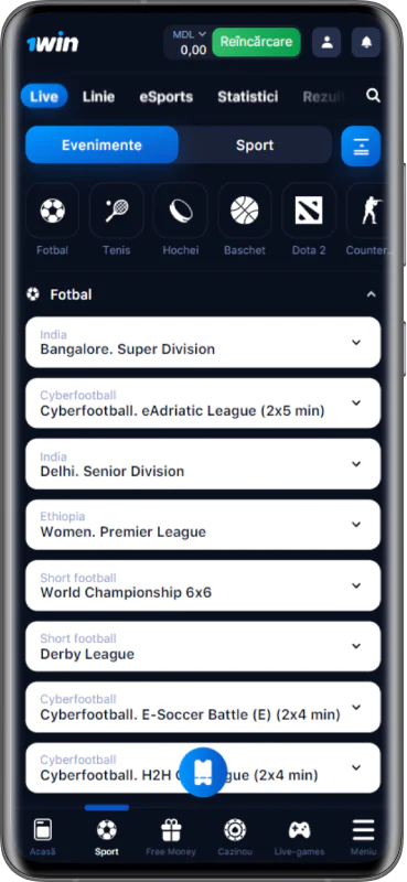 Imaginea paginii de pariuri live din aplicația 1win MD.