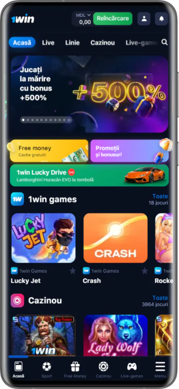Imagine a interfeței principale a aplicației mobile 1win MD.